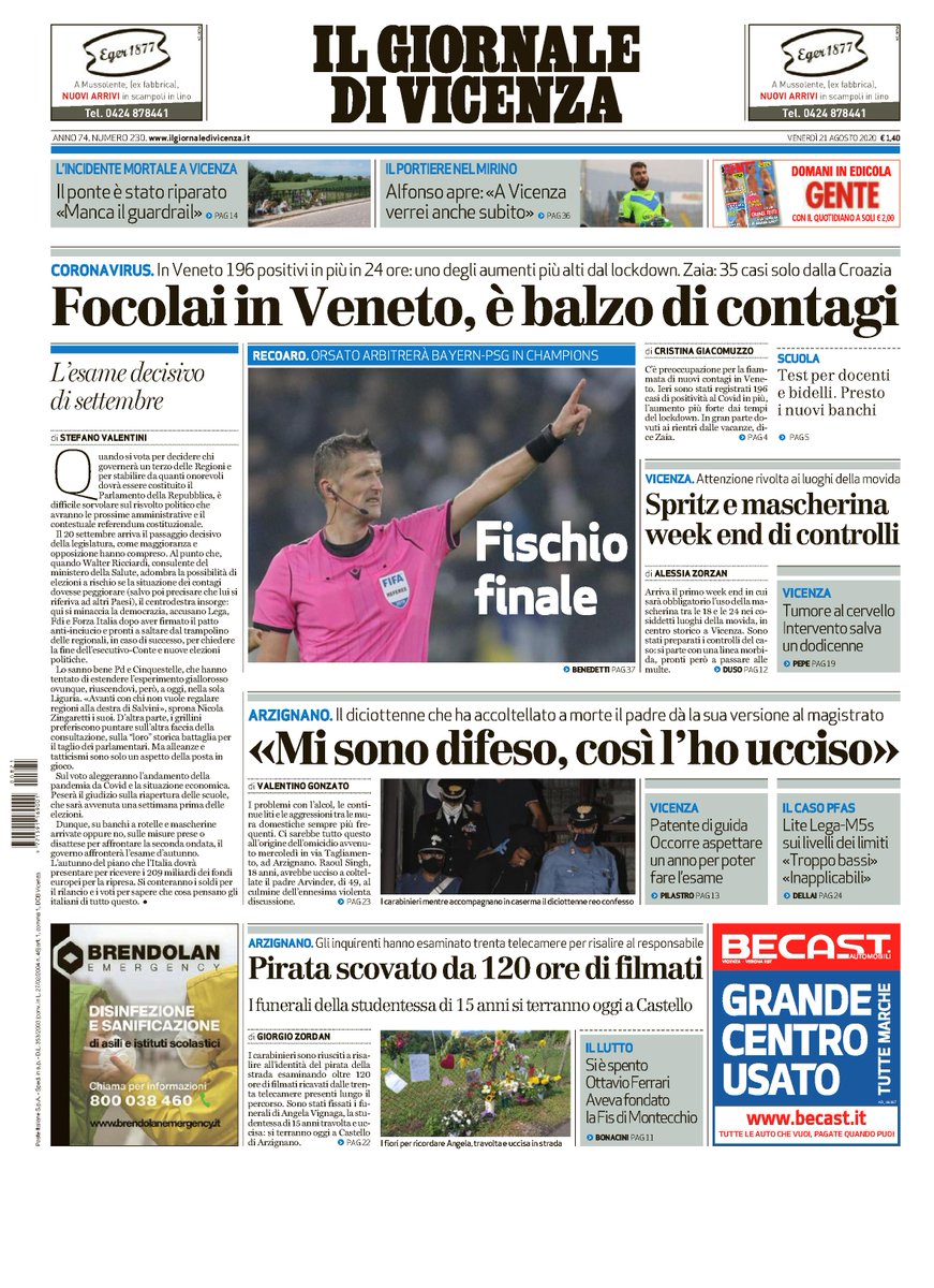 Ecco la prima pagina de Il Giornale di Vicenza in edicola oggi.