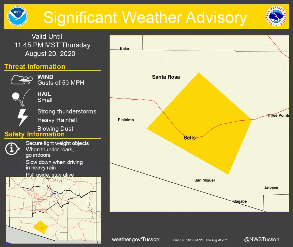 Significant Weather Advisory for Central Pima County until 1145 PM MST. azwx NWS Tucson