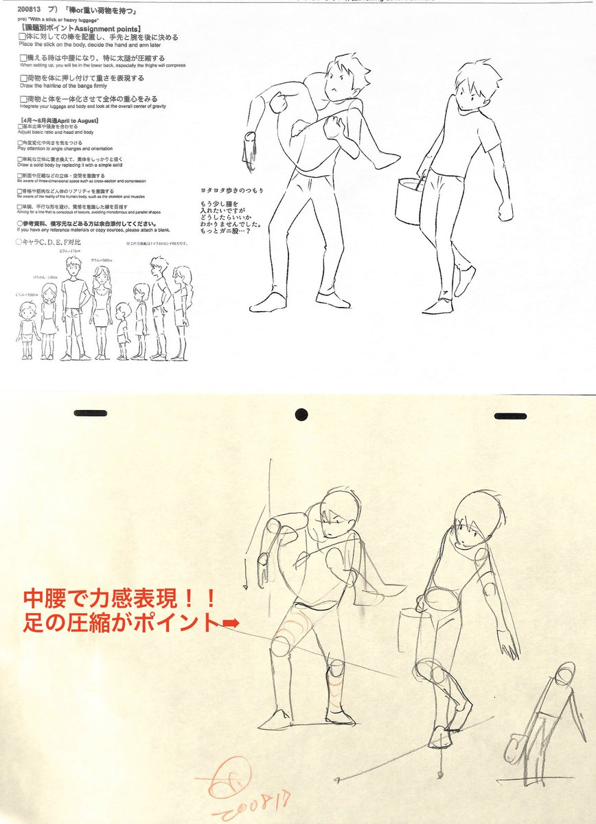 20年8月プロ養成コース課題「棒or重い荷物を持つ」   
【課題別ポイント】
・体に対しての棒を配置し、手先と腕を後に決める
・構える時は中腰になり、特に太腿が圧縮する
・荷物を体に押し付けて重さを表現する
・荷物と体を一体化させて全体の重心をみる 