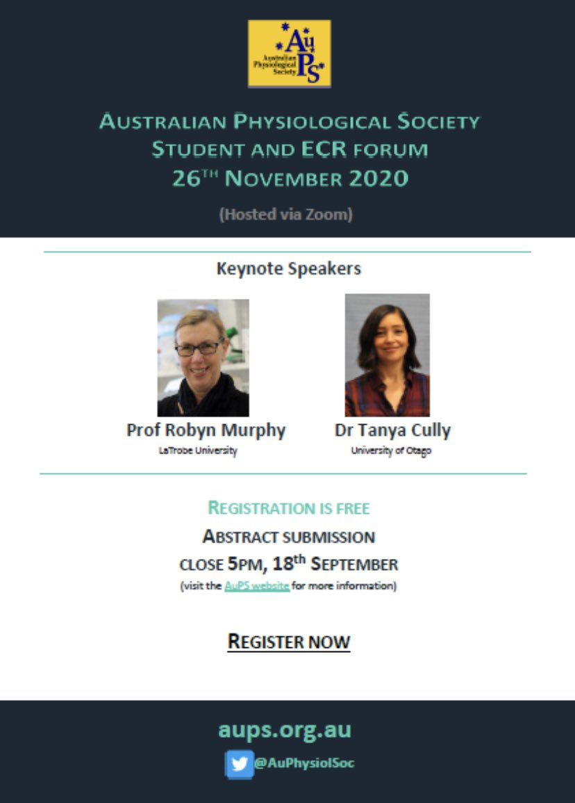 Australian Physiological Society (@auphysiolsoc) on Twitter photo SAVE THE DATE! <a href="/AuPhysiolSoc/">Australian Physiological Society</a>
FREE Student and ECR forum following by AuPS AGM and prizes.
⏰ November 26th, 9am-14:30(zoom)
Key note speakers <a href="/robyn_murphy1/">RobynMurphy</a> <a href="/latrobe/">La Trobe University</a> and Dr Tanya Cully <a href="/otago/">University of Otago</a>
Details & Programs aups.org.au/Meetings/Stude…
Abstract submission by September 18! SAVE THE DATE! <a href="/AuPhysiolSoc/">Australian Physiological Society</a>
FREE Student and ECR forum following by AuPS AGM and prizes.
⏰ November 26th, 9am-14:30(zoom)
Key note speakers <a href="/robyn_murphy1/">RobynMurphy</a> <a href="/latrobe/">La Trobe University</a> and Dr Tanya Cully <a href="/otago/">University of Otago</a>
Details & Programs aups.org.au/Meetings/Stude…
Abstract submission by September 18!