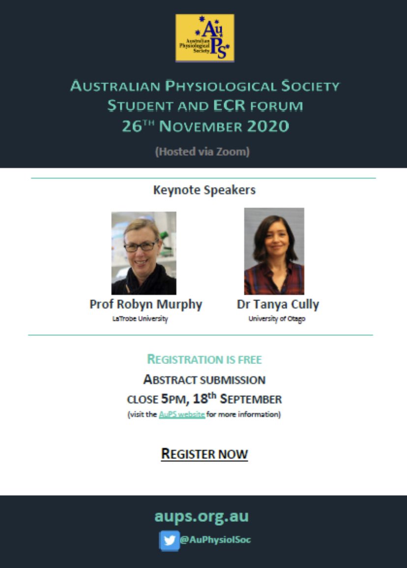 SAVE THE DATE! @AuPhysiolSoc FREE Student and ECR forum following by AuPS AGM and prizes. ⏰ November 26th, 9am-14:30(zoom) Key note speakers @robyn_murphy1 @latrobe and Dr Tanya Cully @otago Details & Programs aups.org.au/Meetings/Stude… Abstract submission by September 18!