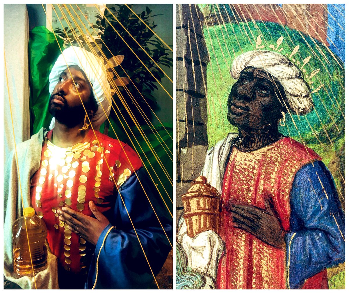 PeterBrathwaite's tweet image. Georges Trubert: Detail of The Adoration of the Magi, from a Book of Hours (c.1480–90). Balthazar, the youngest of the magi. Reworked with vegetable oil, map of the Caribbean and yellow wool. Rediscovering #blackportraiture through #gettymuseumchallenge. #gettychallenge [Thread]