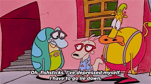 rocko's modern life screencaps but recontextualized to fit today's pandemic lifestylebeing home all day thinking about the future but then it leads to depression naps