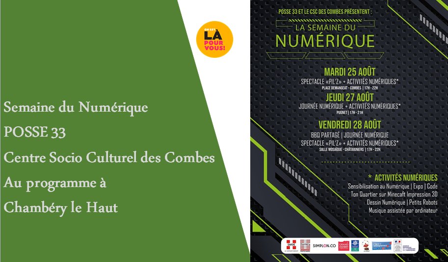 RenaudCharlesFT's tweet photo. [#numérique] 📢 Habitants de @VilledeChambery le Haut et des alentours, @@posse33 et @CentreCombes vous propose de nombreuses activités la semaine prochaine autour des univers du numérique 👩‍💻💻 🤖 🎛️👨‍💻
A découvrir sans modération ❗
#acculturation #digital #animation https://t.co/ECow0xBk7l