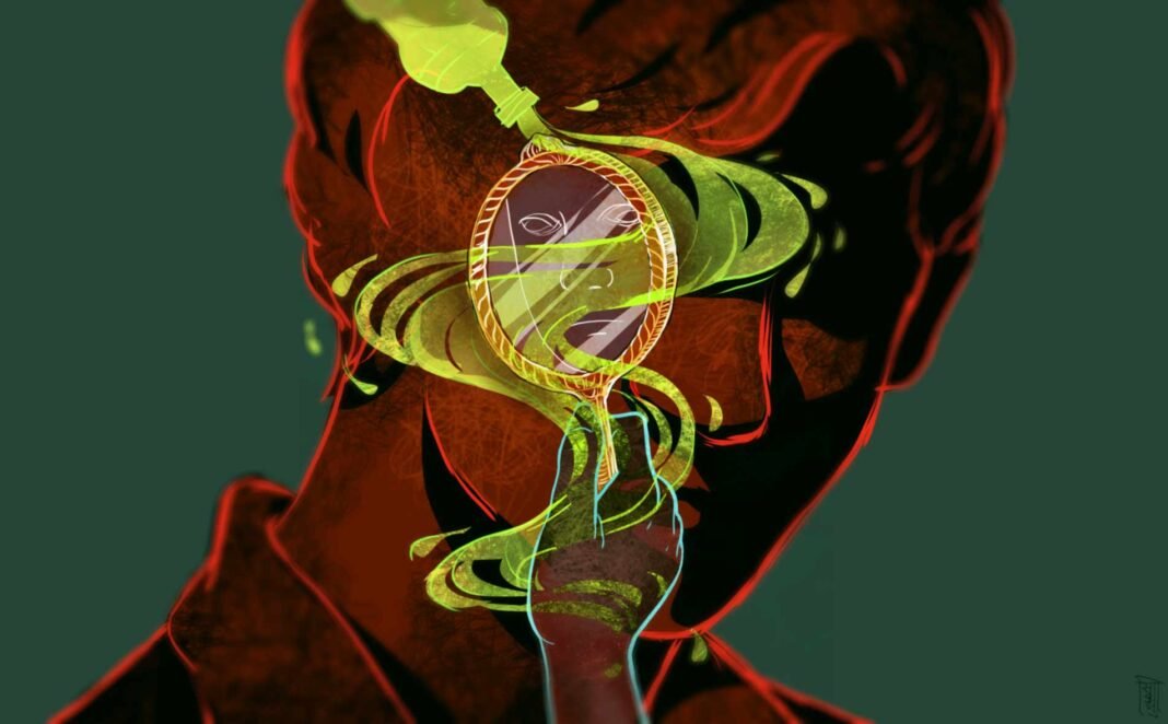 For a story on acid attacks  https://www.recordnepal.com/category-explainers/how-acid-attacks-are-fueled-by-a-corrosive-culture-of-male-entitlement/ Again, I was confronted with the question: "How do you avoid making a cliche illustration for this topic?" The acid is poured onto a mirror, a self image, but also "into" the man in the background; toxicity filling the mind.