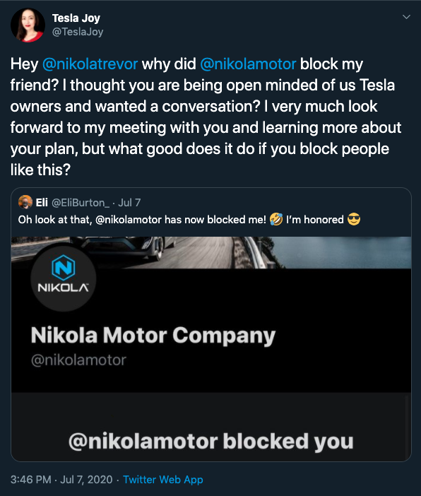 It's sad how some people ask others to be more open-minded and yet systematically block others when you don't agree with everything they say.  $NKLA