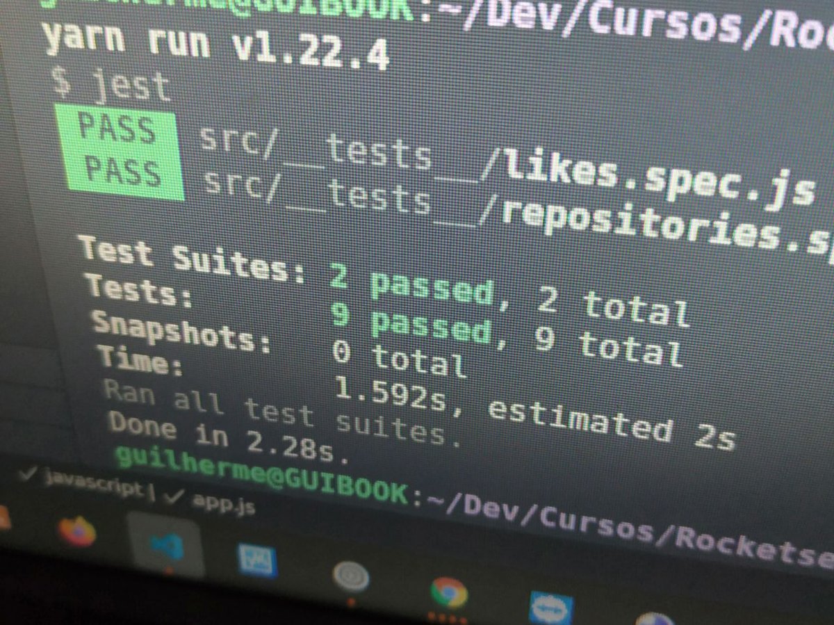 Finalizando meu 1° Desafio no Bootcamp #GoStack da #RocketSeat ... 🚀 11 passed tests!!!

O desafio foi sobre conceitos básicos de Node e API Rest, abordando métodos #HTTP, parâmetros, enfim.. bem legal...

#nodejs #javascript #bootcamp Rocketseat