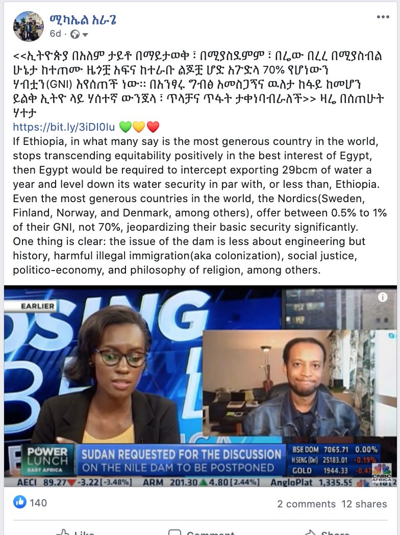 Should Ethiopia upholds equitability strictly, then Egypt would be required to intercept exporting 29bcm of water a year and level down its water security in par with, or less than, Ethiopia. No country gives over 70% of its GNI like Ethiopia. More: bit.ly/3iDI0Iu 💚💛❤️