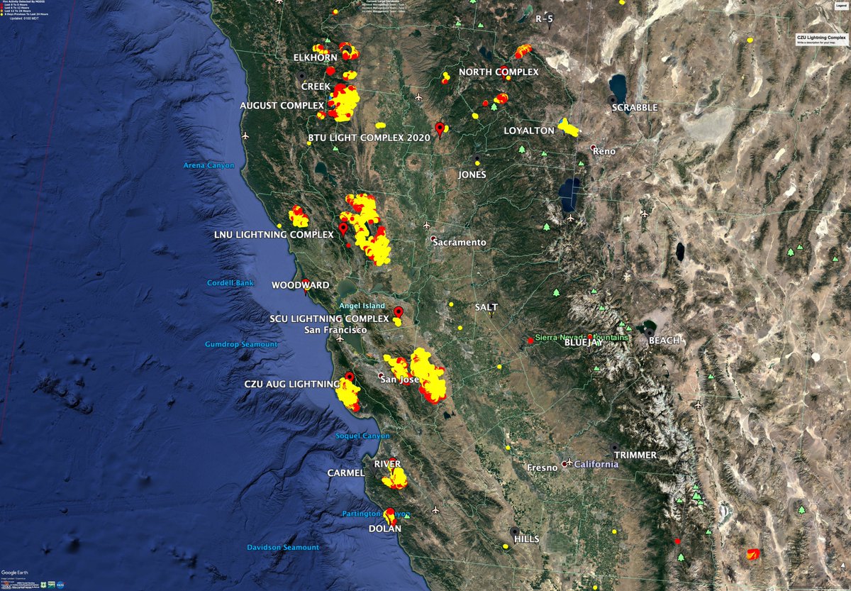 Got Google Earth fired up and plugged into the MODIS fire data. Dark Red/Red are basically actively burning (activity in the last 6 hours), yellow shows the last 6 days burned. NorCal => Bay Area/Monterrey => Santa Cruz Mountains  #CZULightningComplex