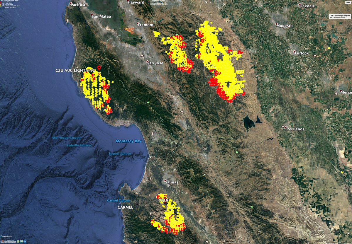 Got Google Earth fired up and plugged into the MODIS fire data. Dark Red/Red are basically actively burning (activity in the last 6 hours), yellow shows the last 6 days burned. NorCal => Bay Area/Monterrey => Santa Cruz Mountains  #CZULightningComplex