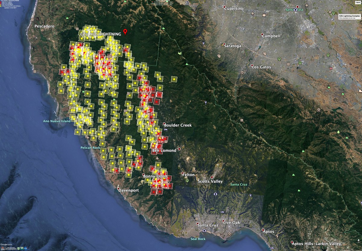 Got Google Earth fired up and plugged into the MODIS fire data. Dark Red/Red are basically actively burning (activity in the last 6 hours), yellow shows the last 6 days burned. NorCal => Bay Area/Monterrey => Santa Cruz Mountains  #CZULightningComplex