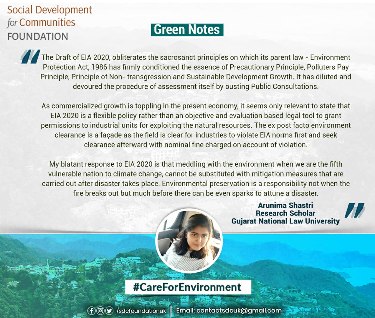 sdcfoundationuk's tweet photo. "#DraftEIA2020 is a policy favoring the industries and ignoring environmental concerns," Arunima Shastri, Research Scholar at GNLU writes in #GreenNotes. https://t.co/rsdIVFdtnc