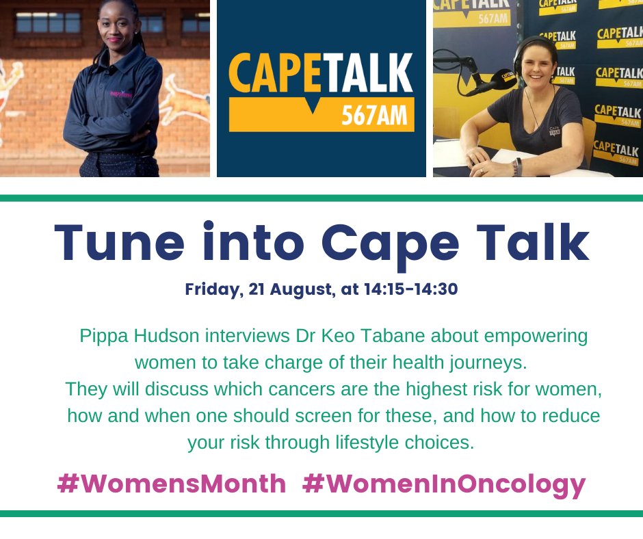 Tune into Cape Talk Radio Interview with Dr Keo Tabane, today at 14h15, as she discusses how women can take charge of their health journey and lifestyle choices available to reduce health risks for women. 
Live stream link: player.listenlive.co/47541

#WomensMonth #IconOncology