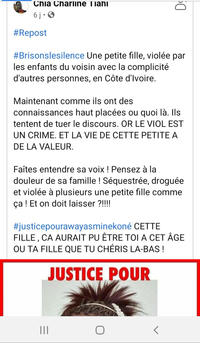 JeffAmann_'s tweet photo. #CIV225 🇨🇮l Une fillette séquestrée, droguée et violée. C'est triste. Il faut protéger les #enfants des prédateurs sexuels malgré la crise sanitaire de #COVID__19.
#CIVRESOnance #RESOnance #LaCovid19nestPasunFrein #MaputoProtocol #AmplifyChange #SexualReproductiveCare #AGnDR https://t.co/yB6d89qyBe