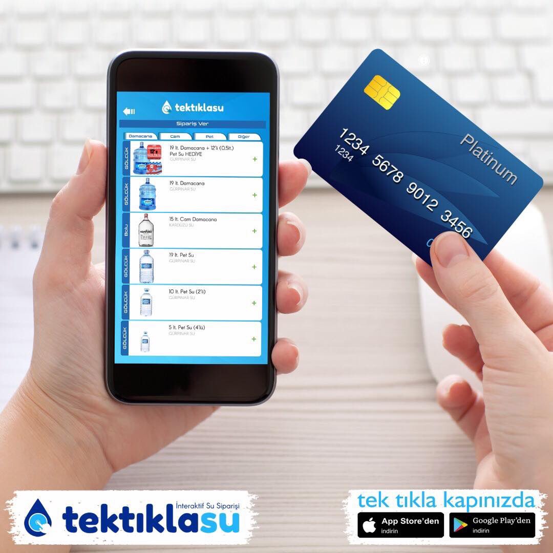 tektıklasu'da online ödeme var. Kredi kartını bir kez tanımladıktan sonra temassız ödemeni yapıp, siparişini tek tıkla verebilirsin.                                                         İster Mobil Uygulamamızla;
tektiklasu.com/mobilapp
İster Sipariş Hattımızla;
0850 259 00 20