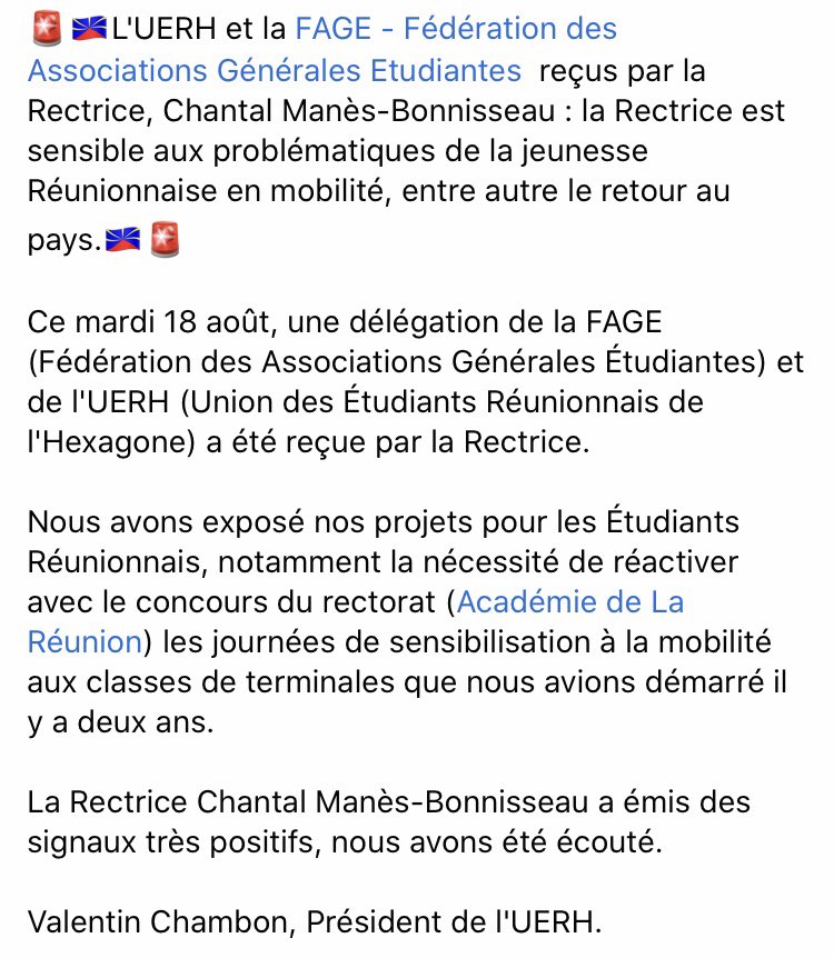UERH974's tweet photo. Ce mardi 18 août, une délégation de @La_FAGE et de l'UERH a été reçue par la Rectrice @ChantalManes. Nous avons exposé nos projets pour les Étudiants Réunionnais. 
La Rectrice a émis des signaux très positifs, nous avons été écouté. https://t.co/KKZgUW4ryr