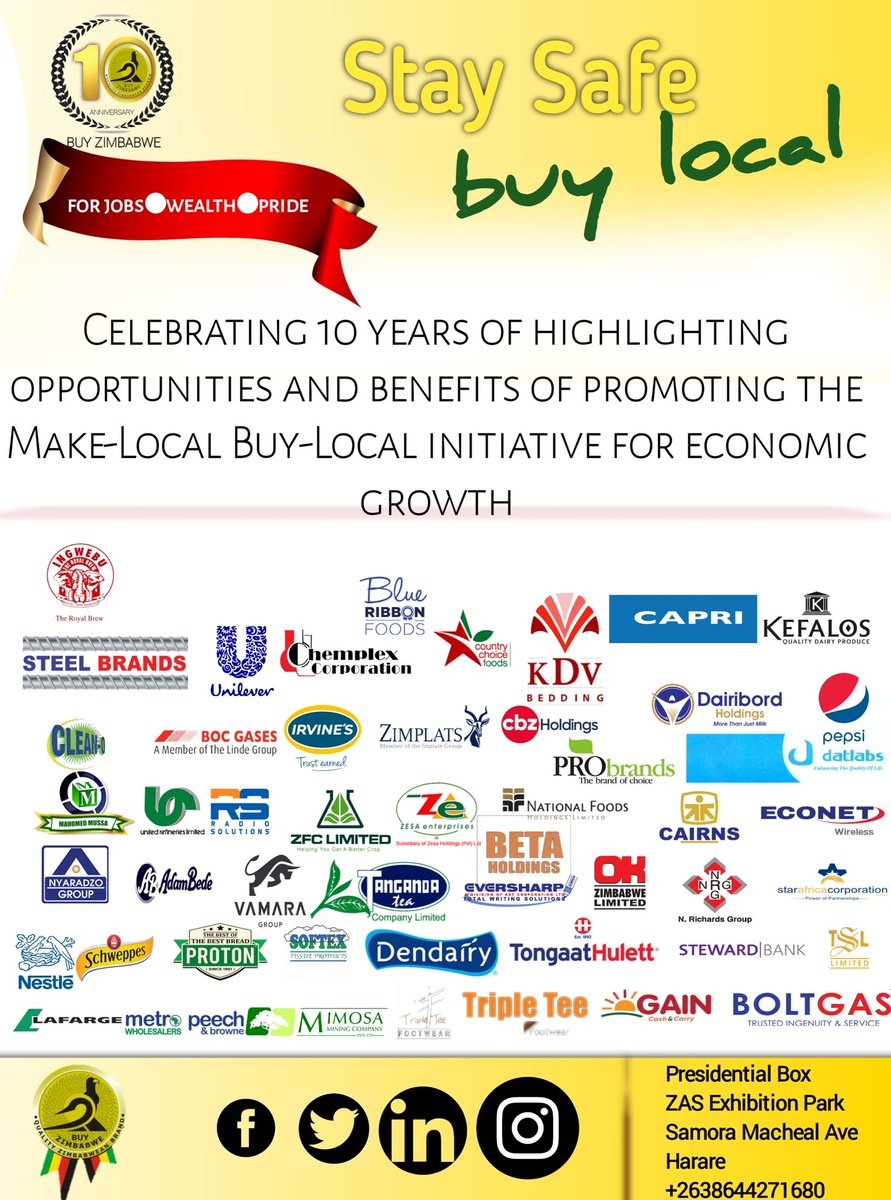 BuyZimbabwe (@buyzimbabwe) on Twitter photo We are grateful for all our partners who support us in our efforts to promote the Make-Local Buy-Local movement <a href="/ZFCLimited/">ZFC Limited</a> <a href="/Min_of_IC/">Ministry of Industry and Commerce</a> <a href="/tanganda_tea/">Tanganda</a> <a href="/SchweppesZW/">Schweppes Zimbabwe Limited</a> <a href="/pro_brands/">Probrands</a> <a href="/TongaatHulett/">Tongaat Hulett</a> <a href="/DendairySports/">Dendairy sports</a> <a href="/Ingwebuzw/">Ingwebu Breweries ZW</a> <a href="/OKZimbabwe/">OK_Zimbabwe</a> <a href="/GutuObert/">Obert Gutu</a> <a href="/CCZ_263/">Consumer Council of Zimbabwe</a> <a href="/metropeech_zim/">Metro Hypermarket</a> <a href="/ZNCCNational/">ZNCC National Office</a> We are grateful for all our partners who support us in our efforts to promote the Make-Local Buy-Local movement <a href="/ZFCLimited/">ZFC Limited</a> <a href="/Min_of_IC/">Ministry of Industry and Commerce</a> <a href="/tanganda_tea/">Tanganda</a> <a href="/SchweppesZW/">Schweppes Zimbabwe Limited</a> <a href="/pro_brands/">Probrands</a> <a href="/TongaatHulett/">Tongaat Hulett</a> <a href="/DendairySports/">Dendairy sports</a> <a href="/Ingwebuzw/">Ingwebu Breweries ZW</a> <a href="/OKZimbabwe/">OK_Zimbabwe</a> <a href="/GutuObert/">Obert Gutu</a> <a href="/CCZ_263/">Consumer Council of Zimbabwe</a> <a href="/metropeech_zim/">Metro Hypermarket</a> <a href="/ZNCCNational/">ZNCC National Office</a>