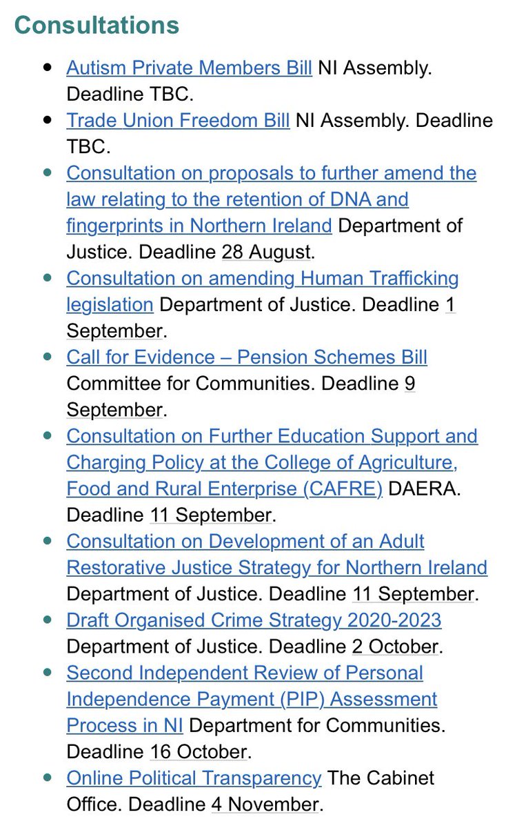 CB_PRandPA's tweet image. Rundown from @Brown_OConnor of some of the live consultations in NI presently. #publicaffairs #politicalmonitoring
