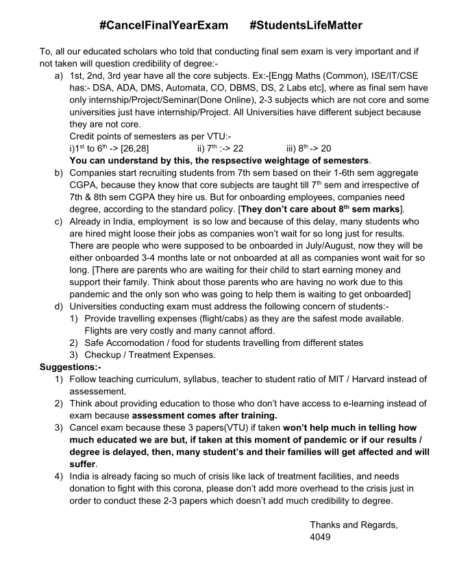 cadet4049's tweet photo. @FinalStudents @narendramodi @DrRPNishank @arnabofficial7 It's dirty politics.When @OfficeofUT wrote to PMO to promote final sem students(one of UGC guidelines) then only HRD ministry announced compulsion of final sem exam though we don't have any core subjects/labs (only 2-3 theoretical papers)
#NoMoreBJP 
#StopPoliticsOverStudents https://t.co/nruRw53alj