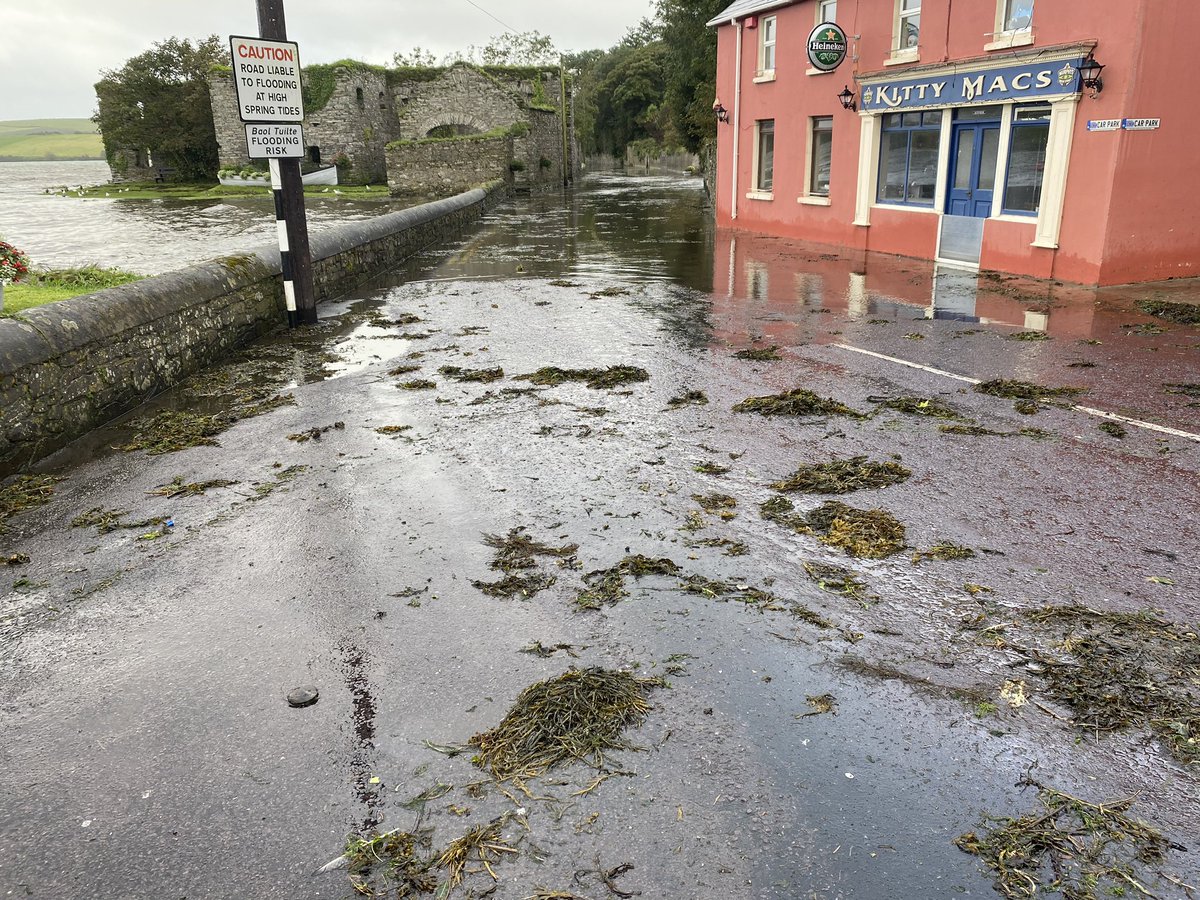 COSullivanTD's tweet photo. I took a spin to Ring village this morning at high tide. The road is once again flooded. 
The OPW carry out a box ticking exercise when it comes to public consultation.We warned that Ring would experience more flooding under their design. Thankfully Clonakilty remained protected. https://t.co/98wZph06fN