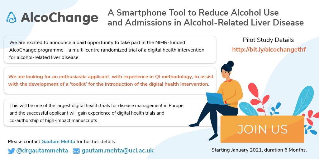 *Really* excited to announce an opportunity to join the NIHR-funded #AlcoChange study, one of the largest #digitalhealth trials in Europe. You’ll undertake #QI work in trial centres, co-author high-impact manuscripts, and also be paid! @theQCommunity @HealthFdn @NIHRresearch