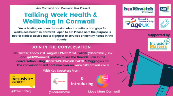 Cornwall_Link's tweet image. It's today!!! 👏👏👏👏 Join us 1pm to 2pm to talk #ideas #support #tips &amp;amp; much more on #CornwallWorkHealth.  Our talk is in partnership with @HWCornwall and joined by guest speakers @TheIncProj &amp;amp; @icareimove