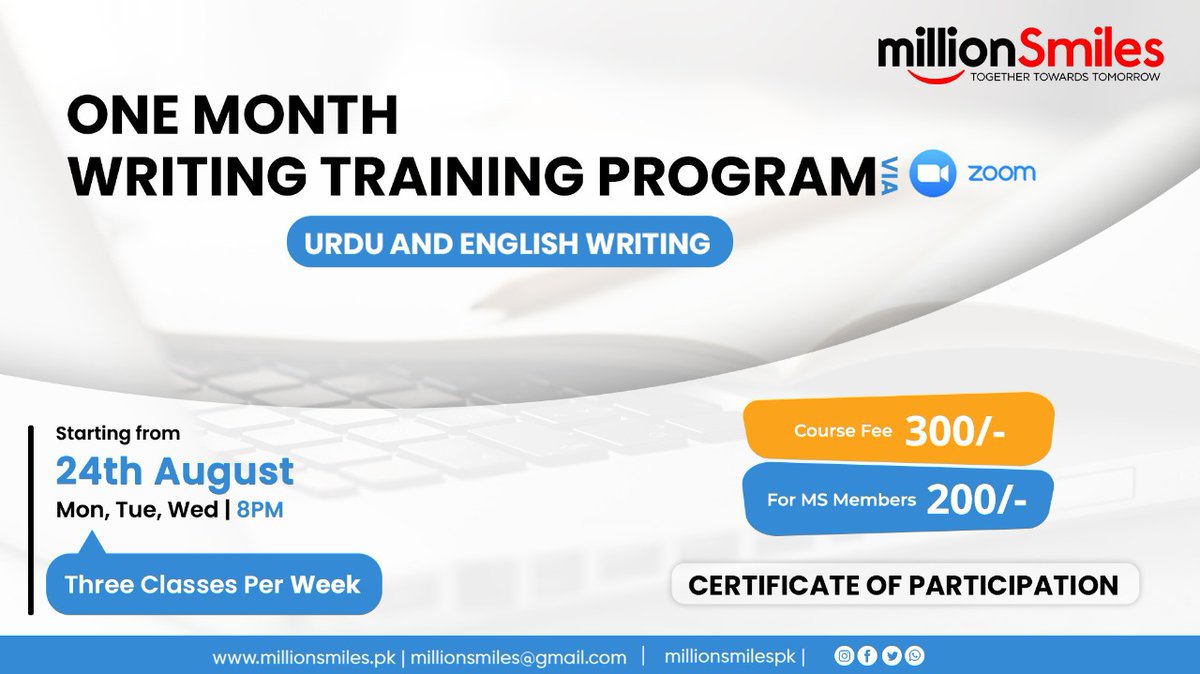 MillionSmilesPK's tweet photo. Just two days remaining for Content Writing Course by #MillionSmiles.

#Schedule:
Three classes per week

#Starting_Date:
Starting from 24th August on ZOOM app.

#Course_Fee:
Outsiders: Only Rs. 3OO/- 
MS Members: Only Rs. 2OO/-

Registered yourself Now:

https://t.co/Gh3imUhqby https://t.co/8fqvGEHLry