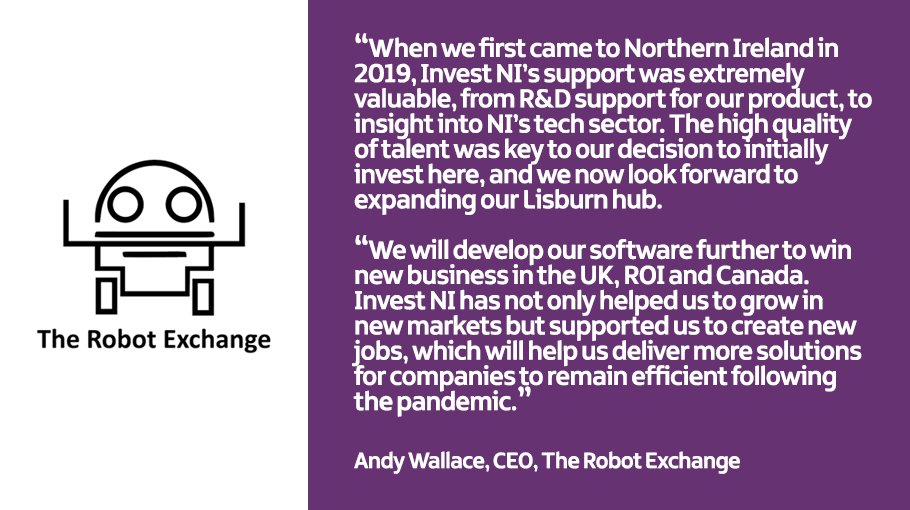 InvestNI's tweet photo. GB based Robotic Process Automation (RPA) software development SME @robotexchangeuk is expanding its existing R&amp;D hub in Lisburn with our support, creating eight new jobs to help drive export success following #COVID19. #jobs  #artificialintelligence #MachineLearning https://t.co/Gr0wM3344L
