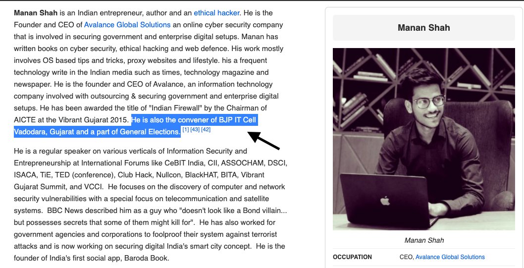 Now let's look at the other founder of Xovak: Manan Shah.Shah claims to be an "ethical hacker" & also has a company called "Avalance Global" which worked with Facebook & Modi govt which includes Defence Ministry.Manan Shah was also a BJP IT cell coordinator in 2019.(5/8)