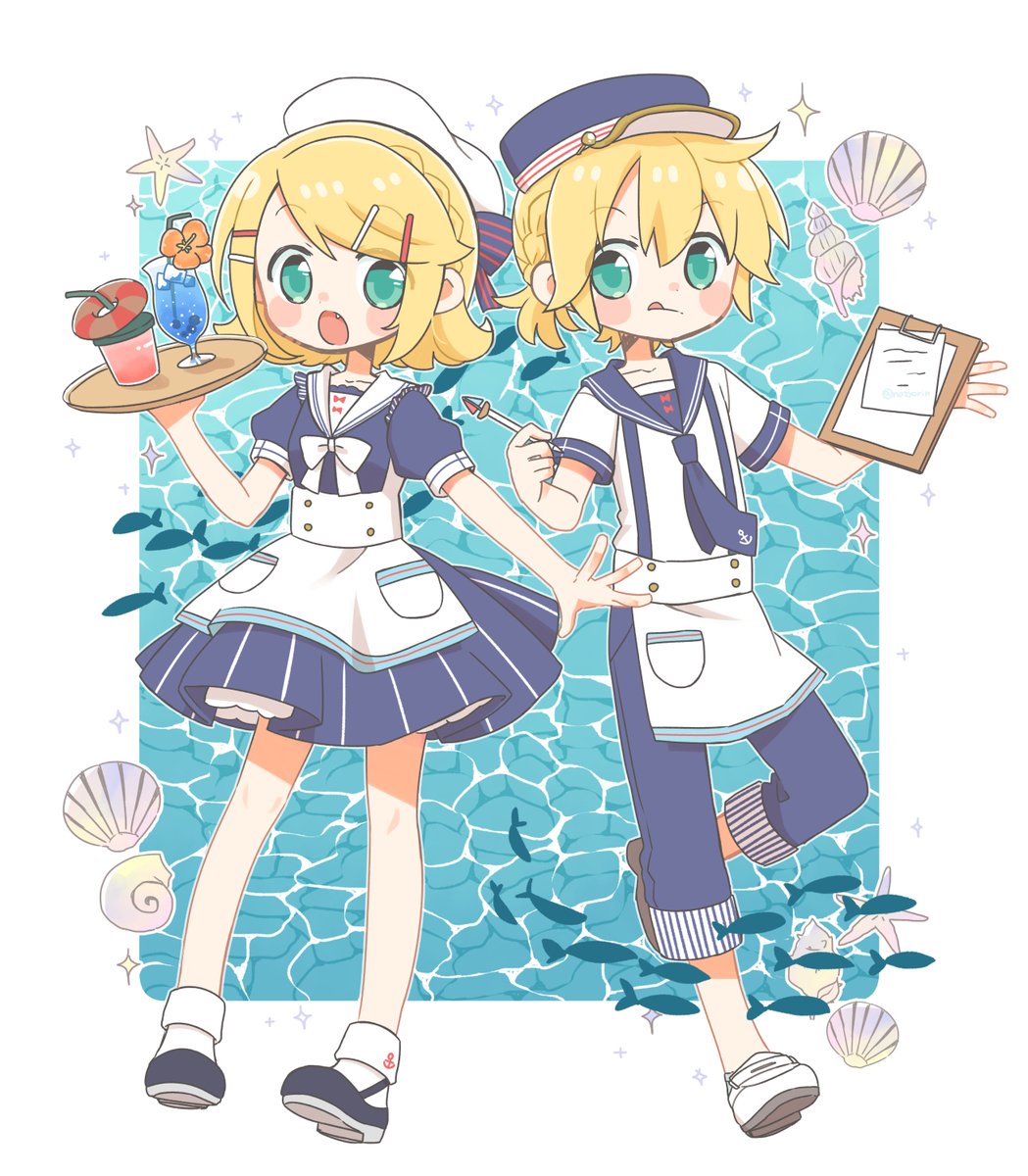 kagamine len ,kagamine rin 1girl 1boy blonde hair hat shell sailor collar tray  illustration images