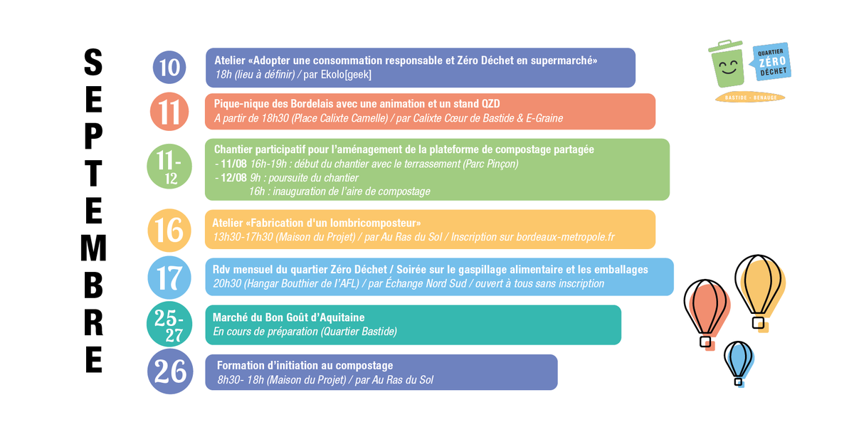 [#ZéroDéchet] Voici notre calendrier d’animations pour le mois de #Septembre. Contactez-nous pour en savoir + … D’ici là, on se retrouve le 26 Août !

Inscriptions : urlz.fr/dEQo

🔗 monquartierzz.org #Bastide #Benauge