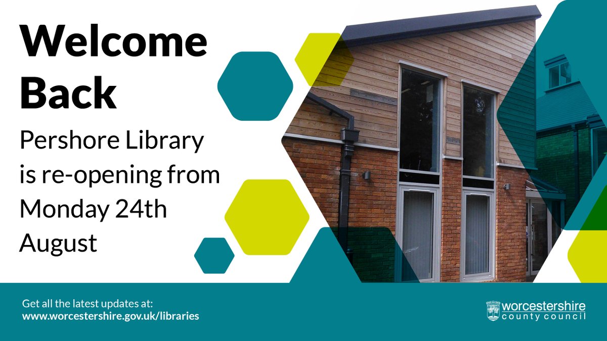 Pershore Library is re-opening from Monday 24th August! We look forward to welcoming customers back to browse, borrow and return items, attend pre-booked computer sessions and use pre-booked desk spaces for study and Wi-Fi. For further details visit: worcestershire.gov.uk/Libraries