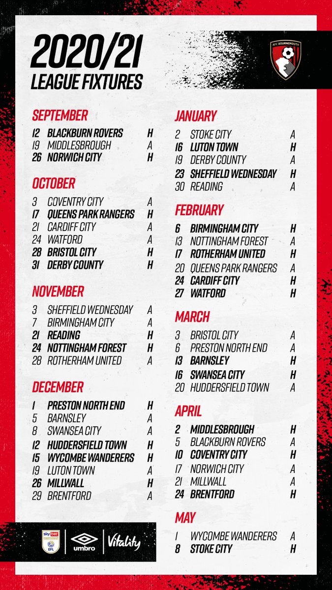 afcbournemouth's tweet photo. #afcb fixtures revealed ✅ 

Hopefully we can welcome you all back when it’s safe to do so ❤️ https://t.co/8L6alX5pPO