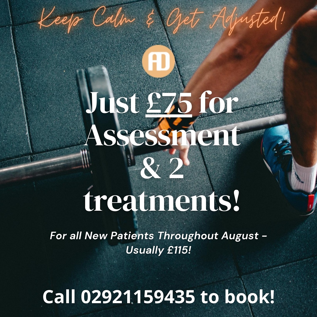 Just £75 for an initial assessment + 2 treatments for new patients - that would usually be £115! Call us on 02921159435 or contact us via messenger on any of our social media's!
#Gym #sport #exercise #fitness #Cardiff #wellness #chiro #Chiropractic #backpain #Training #Health