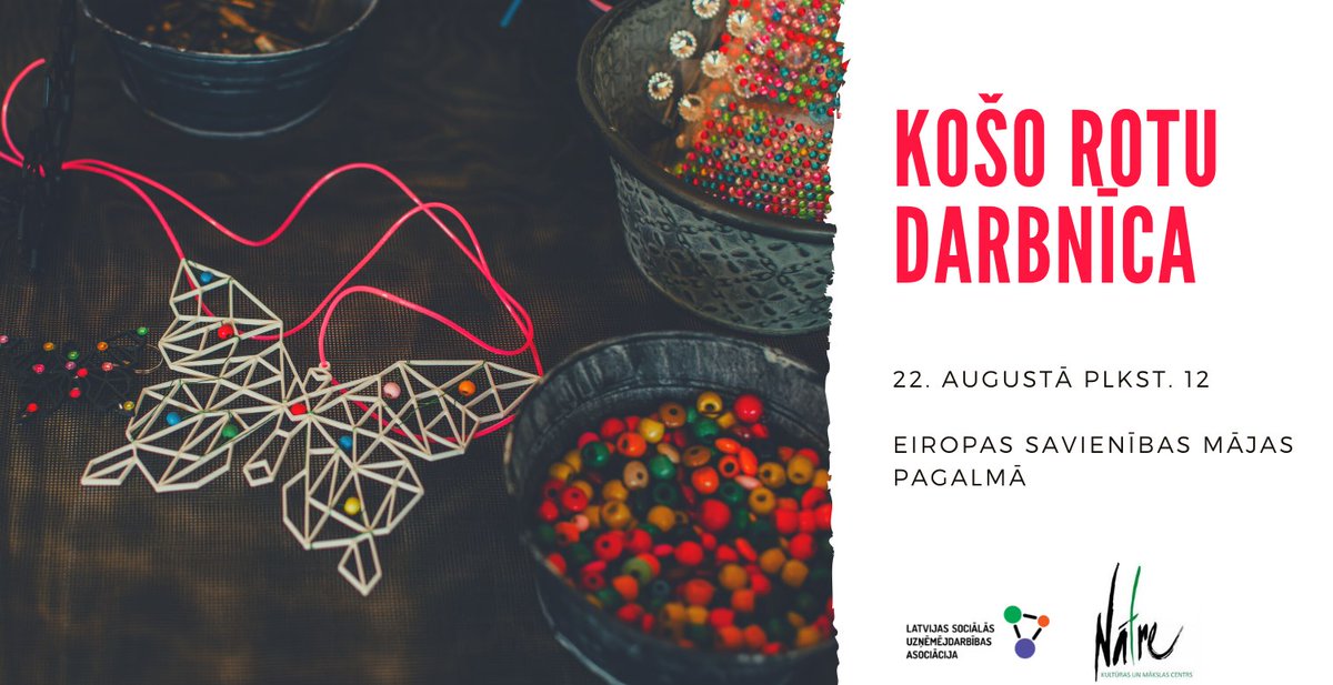 ☀️ Jau rīt 12:00 aksesuāru darbnīcā veidosim skaistas un košas rotas kopā ar Kultūras un mākslas centru "Nātre"!
📨 Vēl tikai dažas brīvas vietas. Piesakies, rakstot uz info@esmaja.lv!

Darbnīca notiks sadarbībā ar <a href="/Soc_uznemeji/">Sociālie uzņēmēji</a> .
