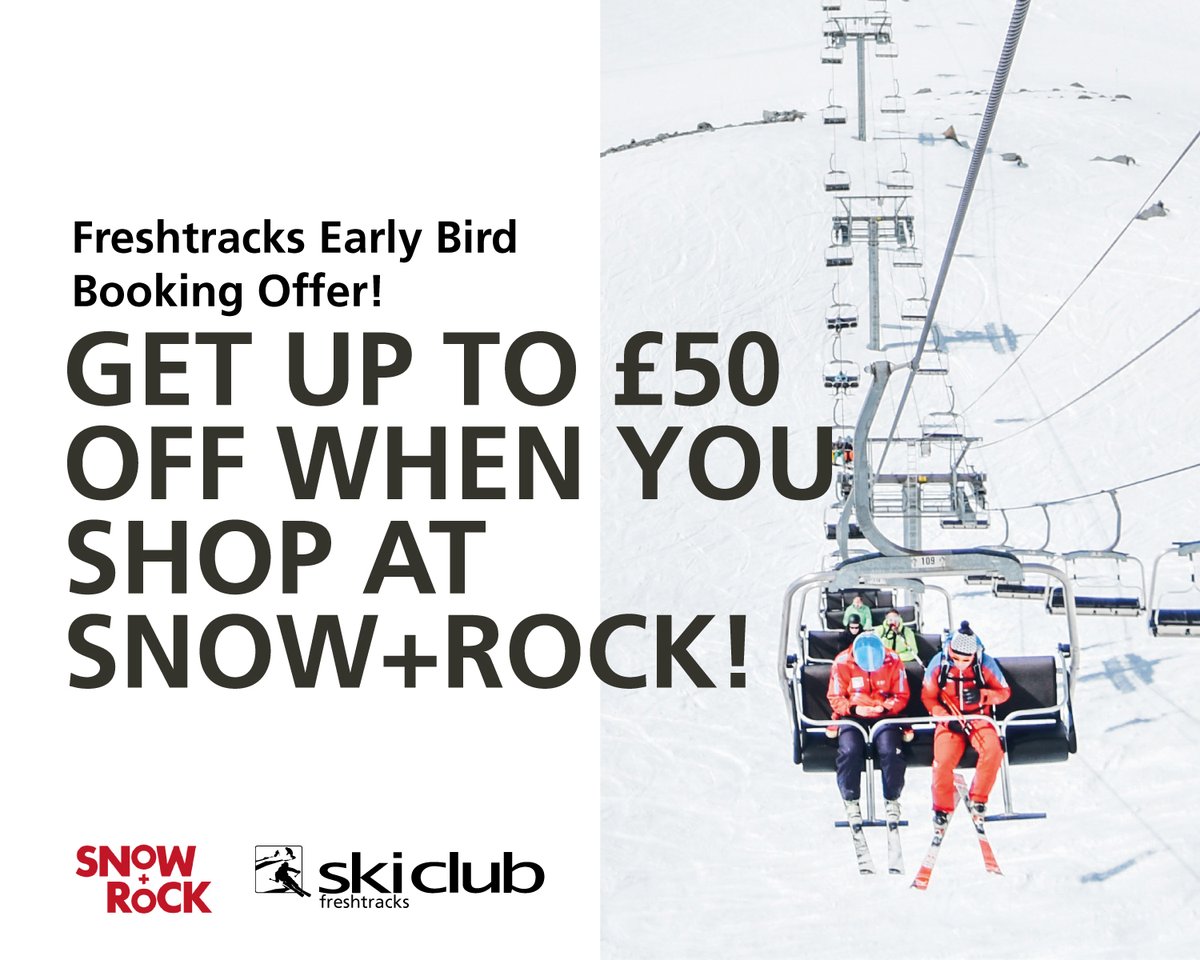 TheSkiClub's tweet image. Early bird deal! ⛷🐤

Book a Freshtracks holiday before 1st September 2020 and Ski Club will send you a unique code that enable you to get £30 off when you spend £100 or £50 off when you spend £250 at @SnowAndRock 🏔⛷

Book now 👉 skiclub.co.uk/ski-club-holid…