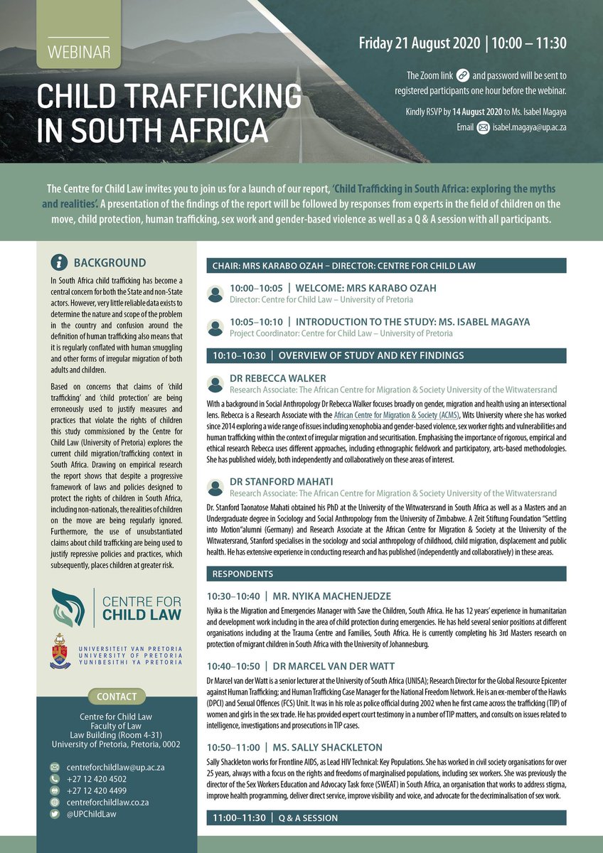 Centre for Child Law webinar in progress launching our research report, ‘Child Trafficking in South Africa: Exploring the myths and realities’. #ChildTrafficking