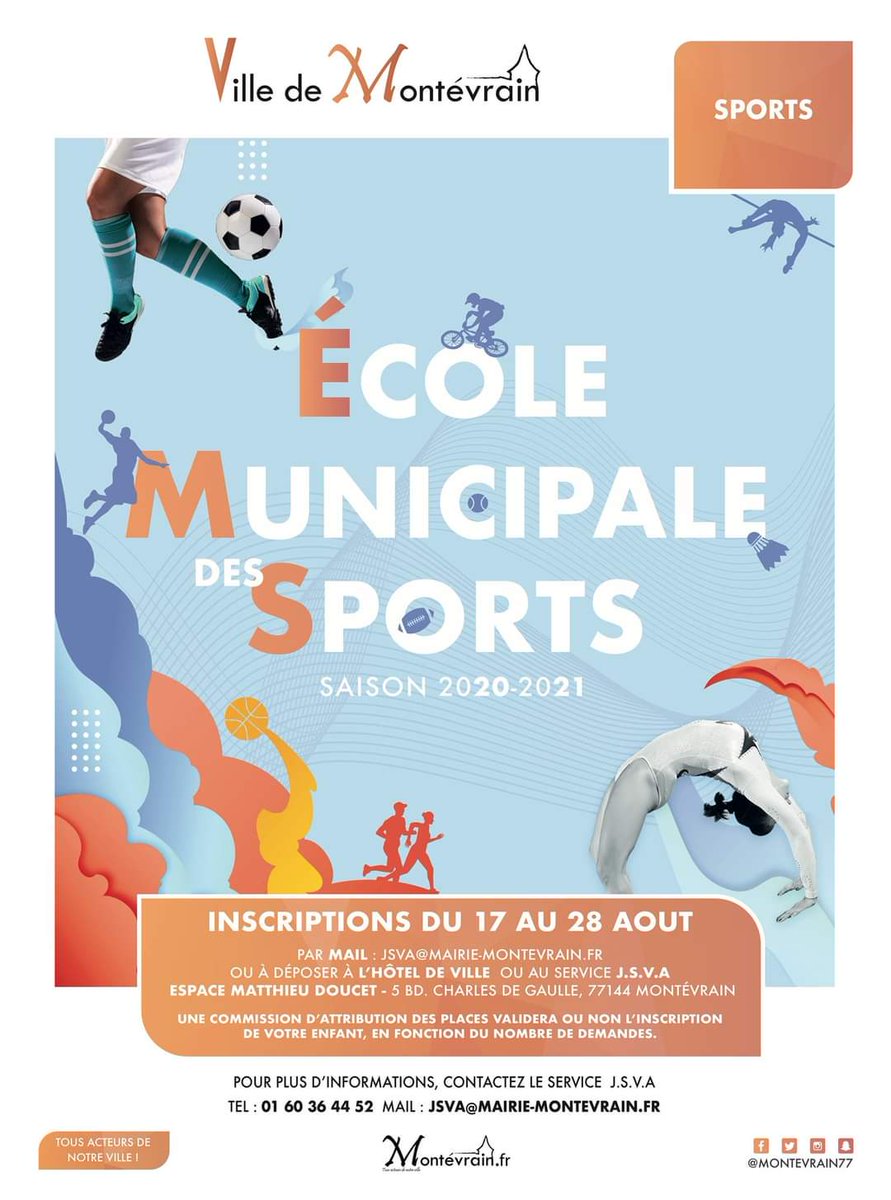 🟠 ÉCOLE MUNICIPALE DES SPORTS 🟠
INSCRIPTIONS SAISON 2020-2021

Nouveau : Attribution des places sur 
commission à la fin du mois d'août. 

Tous les détails (fiches, tarifs, horaires)
rdv sur montevrain.fr