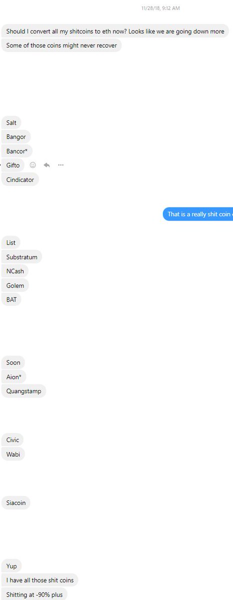 November 2018: The Shitcoin Confession Booth.Owning cow shit, pig shit, dog shit, is not diversification.He really owned all of these coins in screenshot.