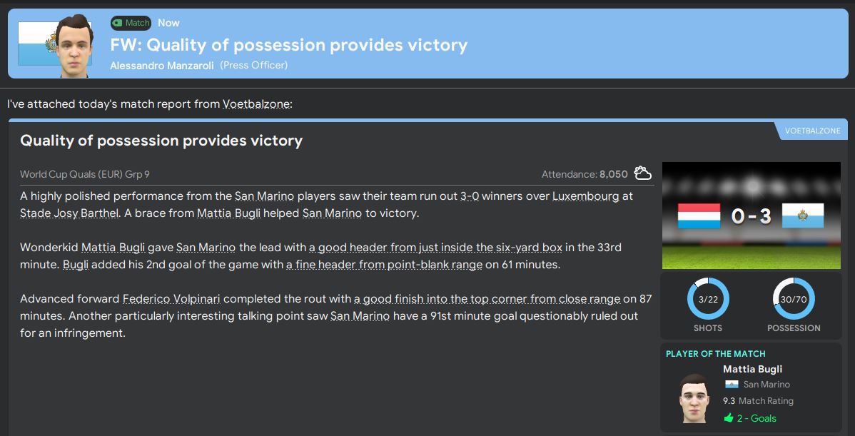 A solid win for San Marino over Luxembourg to start with, but slightly disappointed at a home draw against Iceland. It means that we will probably need at least 4 points against Russia to stand a chance of a second place finish...  #FM20
