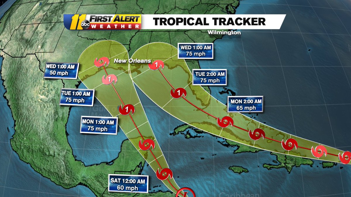 BigweatherABC11's tweet photo. 5am Update from @NHC_Atlantic shows #td13 track a little to the west, #TD14 still headed for Texas. One will likely become #Laura today. #txwx #lawx #mswx #alwx #flwx https://t.co/fX5cTDhOrl