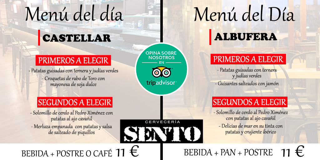 📣 Buenos días 👉 Hoy en las #cervecerías Sento Castellar en #Alicante y en la #Albufera tenemos #menú del día 💪 Os esperamos‼