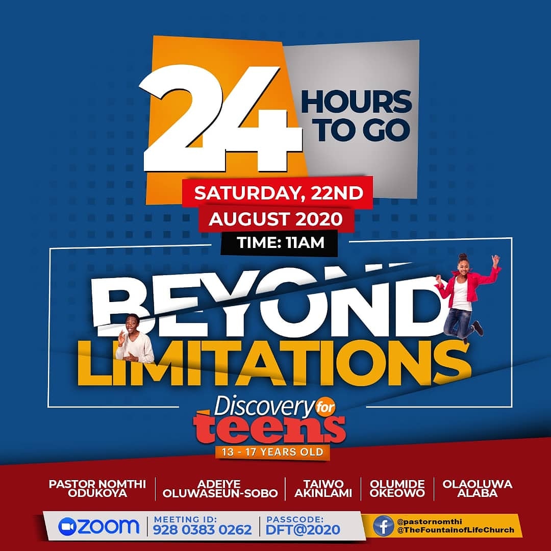 discovery_teens's tweet photo. ⏰⏰ 2️⃣4️⃣ hours until #DiscoveryForTeens Rally! 👉🏾 22.08.2020 | 11am

Have you secured the ACCESS CODE for your Teens?

This is life-changing experience they shouldn't miss.

#24HoursToGo #DiscoveryForTeens2020 #DFT2020 https://t.co/UpX8uHMQRx