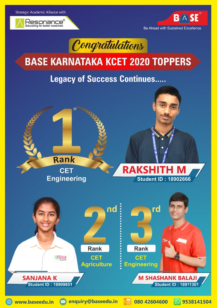 BASEEducational's tweet photo. 🎉Congratulations!
✔️ BASE Karnataka KCET 2020 Toppers 
✔️ Legacy of Success Continues....
#BASE #CET #Toppers #2020 #firstRank #SecondRank #ThirdRank #Engineering #Agriculture https://t.co/tasNxT4MfY