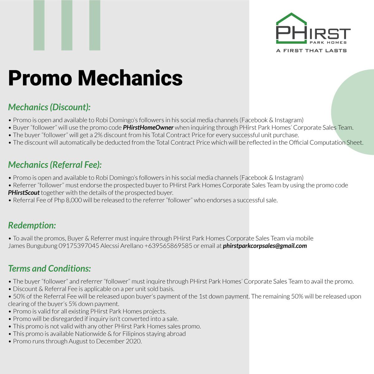 robertmarion's tweet photo. You still have a chance get your very own PHirst today! ๐ก
Inquire now through PHirst Corporate Sales Team and as my follower, youโll enjoy these exclusive perks by using the following codes. ๐
#PHirstParkHomes
#AFirstThatLasts https://t.co/8G0CuM6m8w