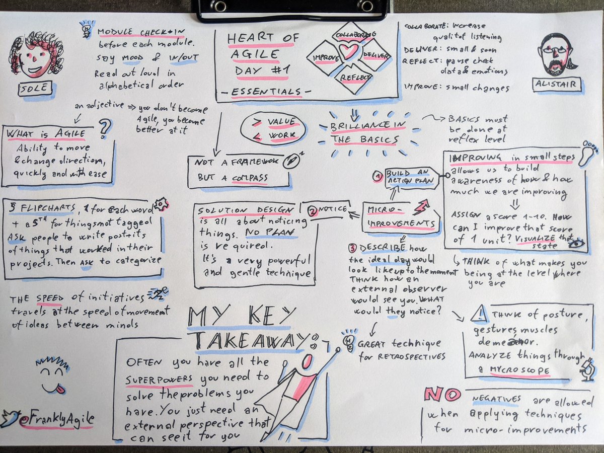 Attended day 1 of <a href="/heartofagile/">heartofagile</a> Essentials with the legendary <a href="/TotherAlistair/">The Other Alistair</a> and his co-host Sole. Totally loved it. Learnt a lot of new things even if I had already attended the workshop in person version 2 years ago. Here my notes. Looking forward today for an awesome part 2!