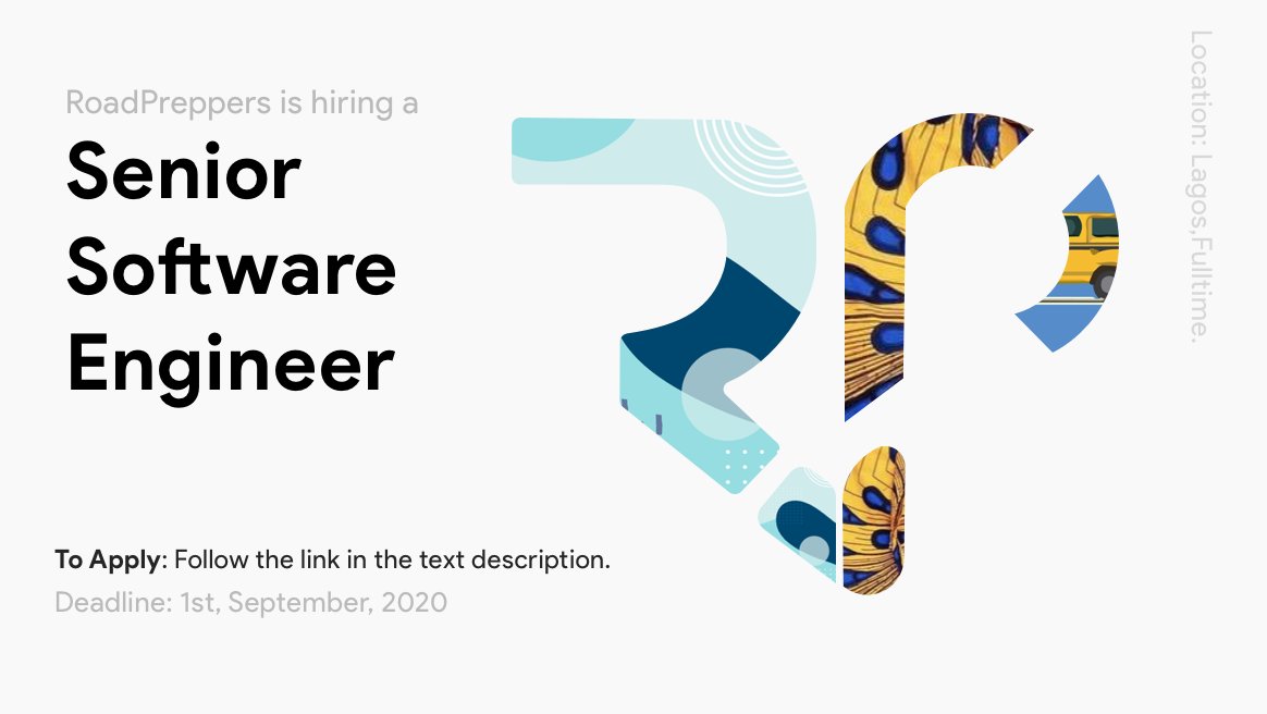 Laradotng's tweet photo. Our parent company, RoadPreppers is hiring a Senior Software Engineer!

Someone who wants to solve real-world problems for real-world people by making our products better.

Application closes on the 1st of September 2020.

Follow this link to apply: https://t.co/RUuPOpVWrc https://t.co/nswcz06SzB