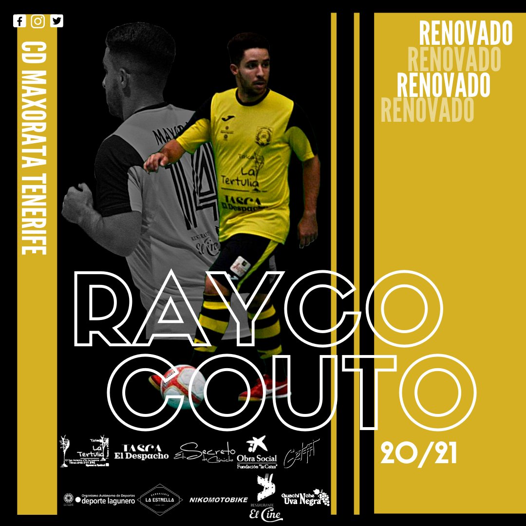 CDMaxorataTfe's tweet photo. 📣 OFICIAL | RENOVACIÓN 📝

Rayco Couto (@RaycoCouto10) seguirá formando parte del #CDMaxorataTenerife para la temporada 2020/2021.

R. Couto seguirá aportando experiencia y liderazgo al equipo. 

¡Que ruede el balón! ⚽

#SiempreContigoMaxorata 💛🖤🐝 https://t.co/Xj9ygEJviX