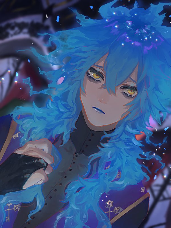 blue lips male focus 1boy long hair yellow eyes blue hair solo  illustration images