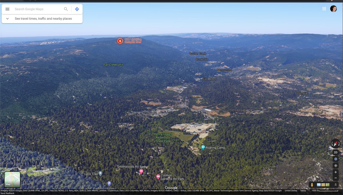 finally got maps to do what I wanted - this gives you an idea of the layout of the valley. Empire Grade is the ridgeline to the west (left) that the fire is sitting on top of. Everything to the East, in the middle of the pic, is SLV